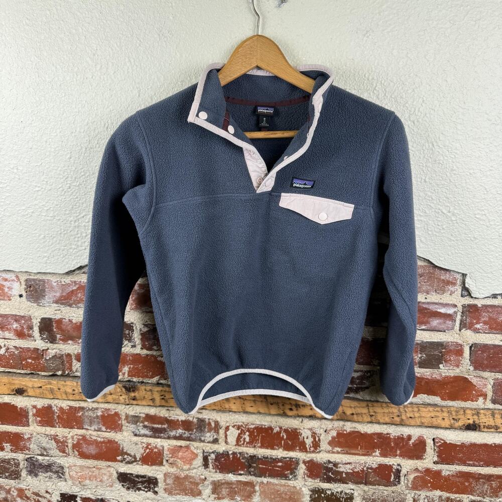 Patagonia Synchilla Snap-T Fleece Pullover Youth Medium 10 Blue Gray Pink Trim
